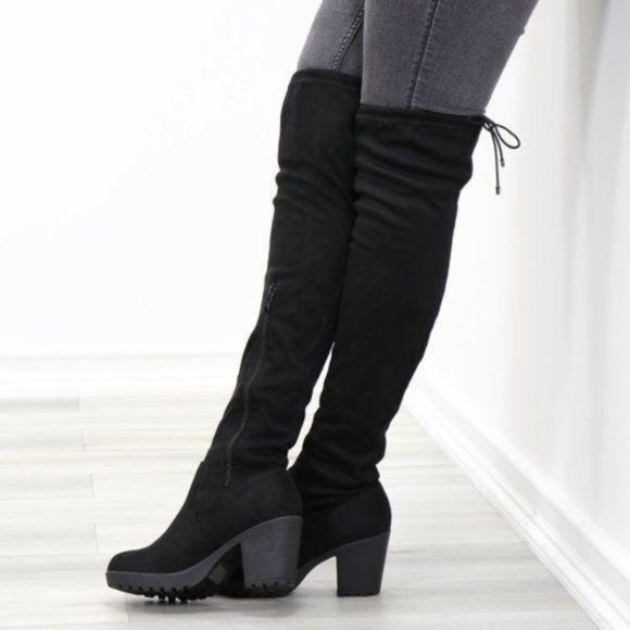 Lug Chunky Heel BlackThigh High Suede Boots - Picture 3 of 15